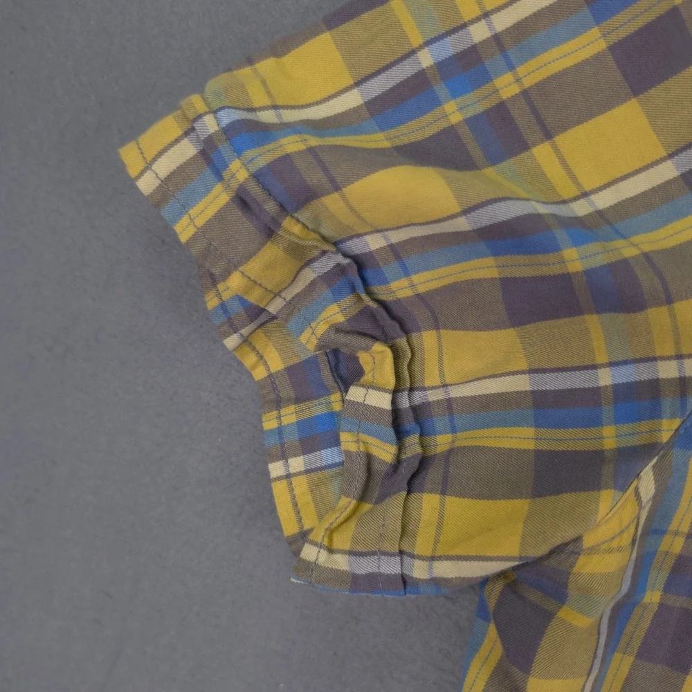 True Religion Shirt Mens XL Western Pearl Snap Plaid Yellow Blue Short Sleeve XL
